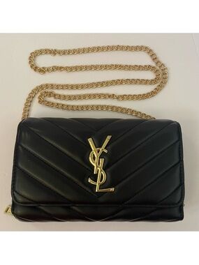 Black Quilted Leather Crossbody with Gold Chain